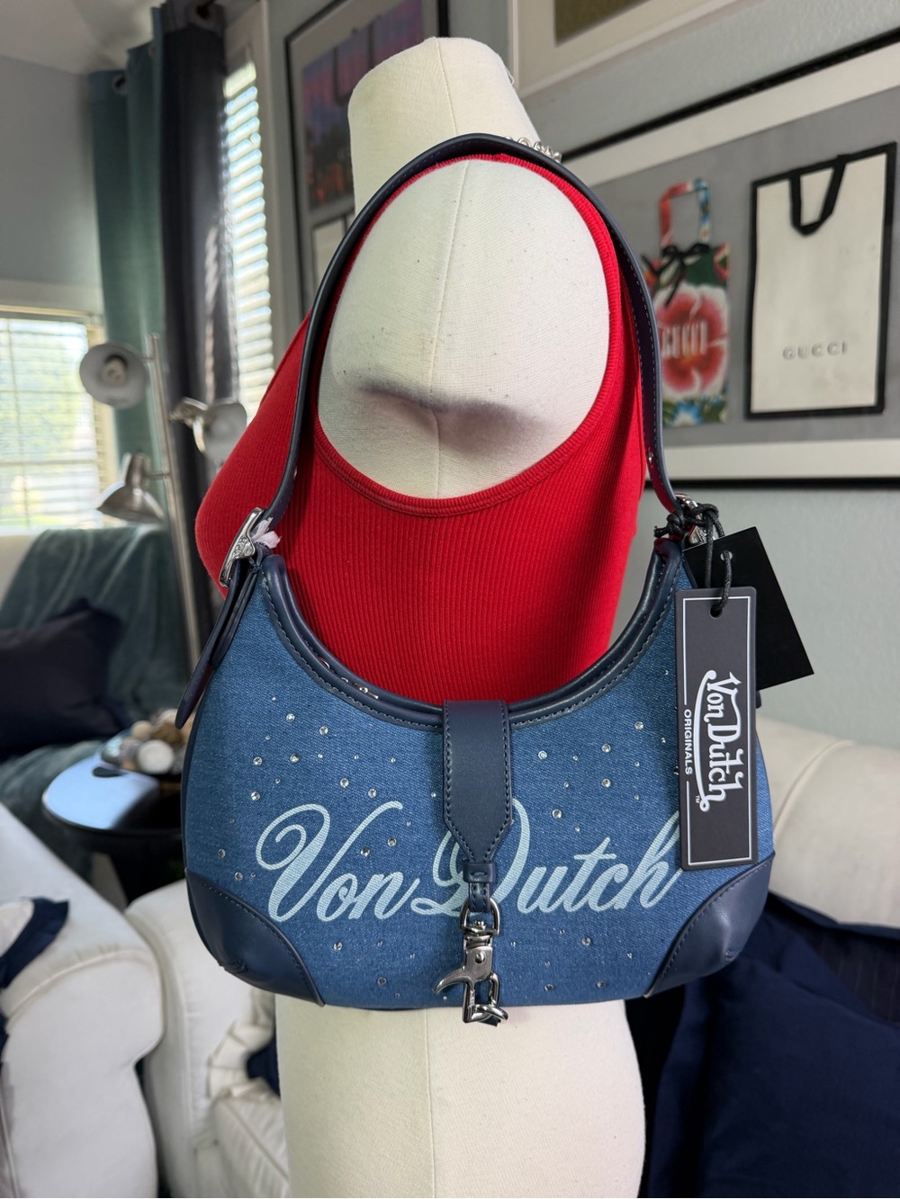 Von Dutch Navy Denim Logo Shoulder Bag with Crystal Accents